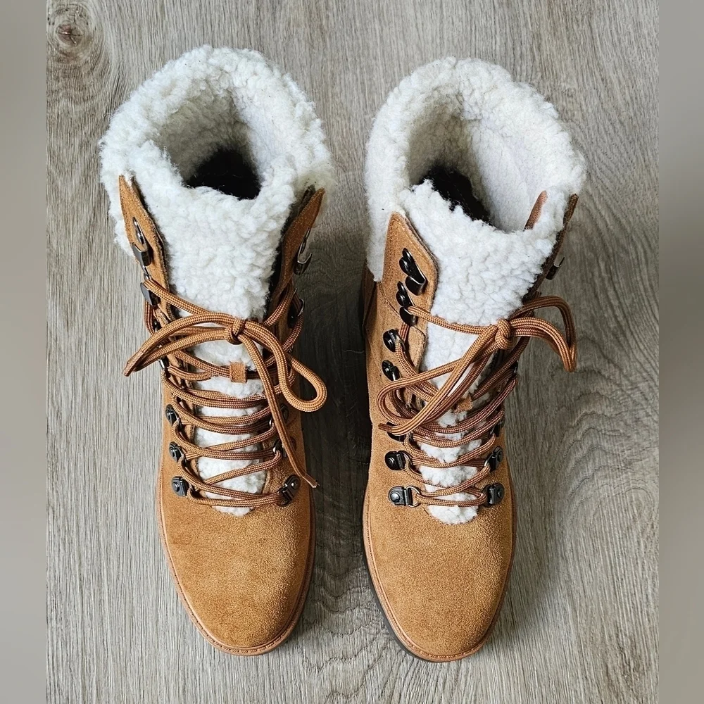Marc Fisher Tan Suede Sherpa-Lined Lace-Up Winter Boots – Size 8M - Picture 4 of 12